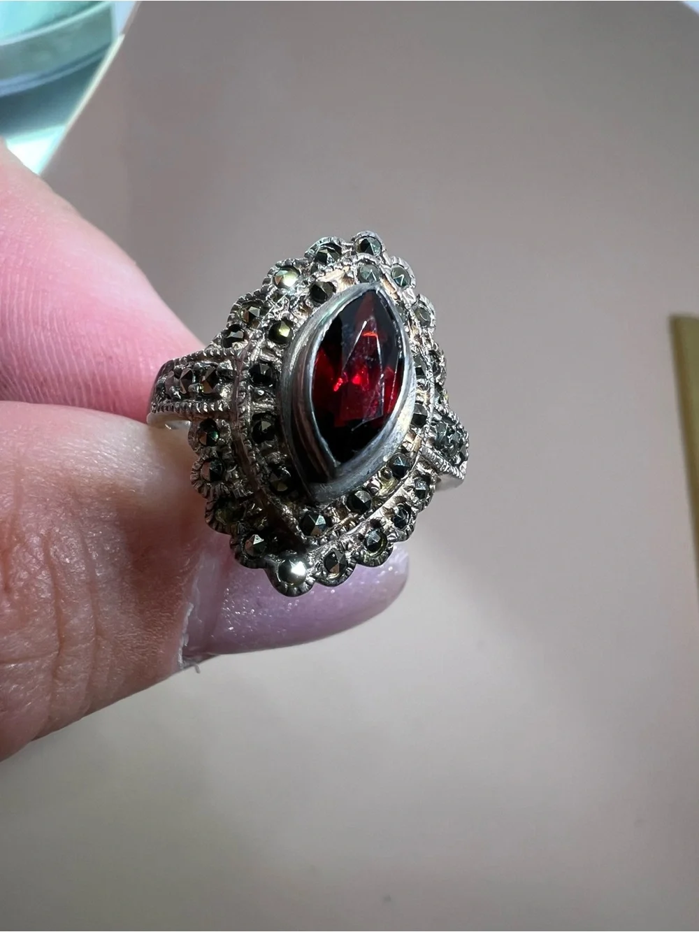 Vintage-Style Women's Marquise Garnet Red Ring in Sterling Silver